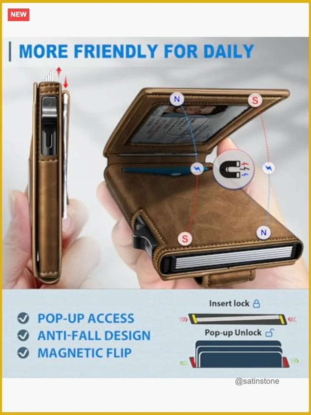 Pop-Up Airtag Wallet with Money Clip RFID Blocking Leather Flip